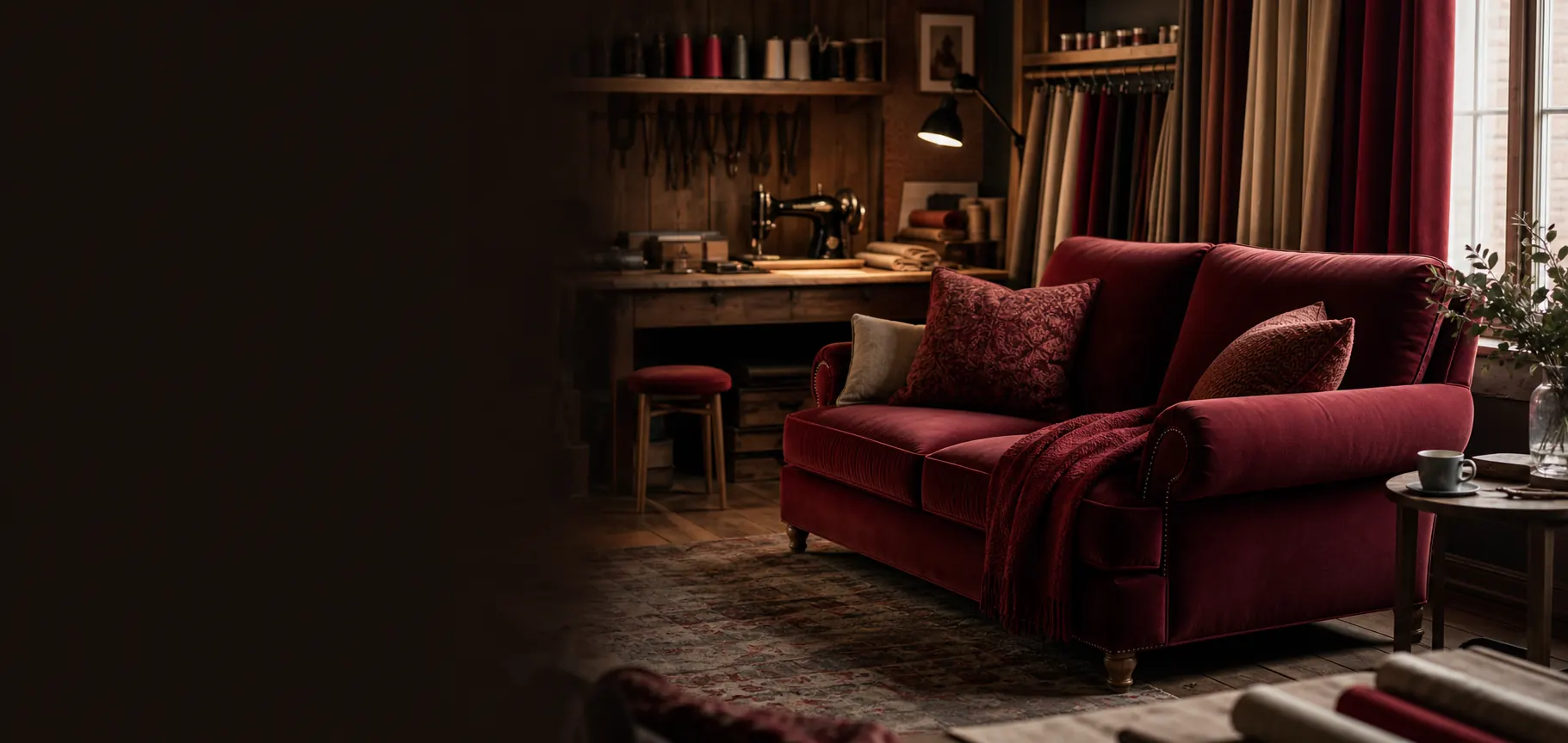 Rotes Sofa in einer Polsterwerkstatt